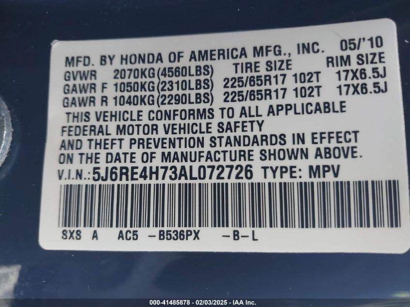 2010 Honda Cr-V Ex-L VIN: 5J6RE4H73AL072726 Lot: 41485878