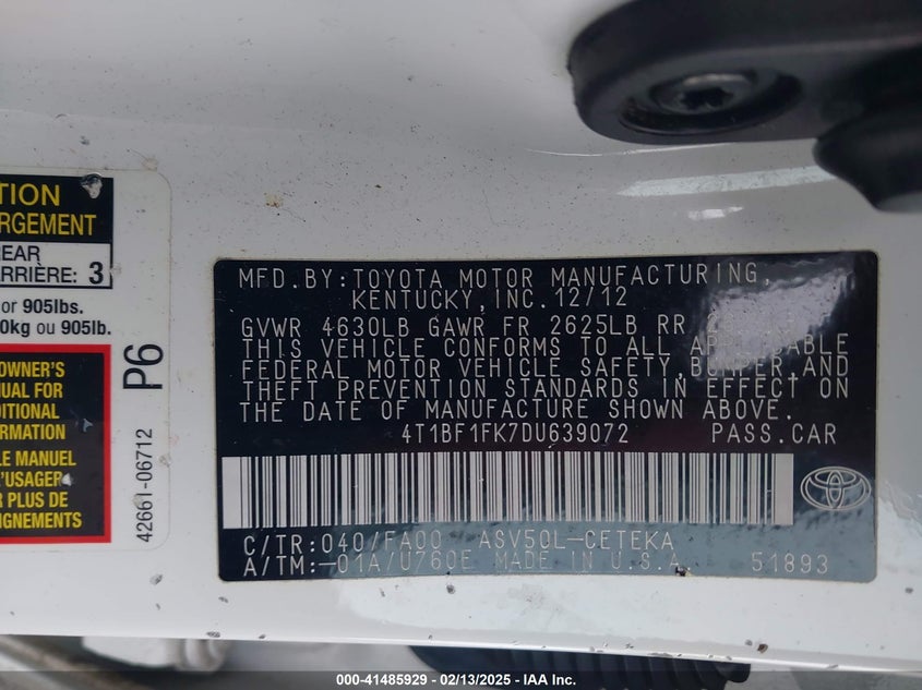 2013 TOYOTA CAMRY VIN: 4T1BF1FK7DU639072