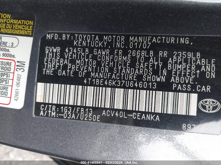 2007 TOYOTA CAMRY VIN: 4T1BE46K37U646013