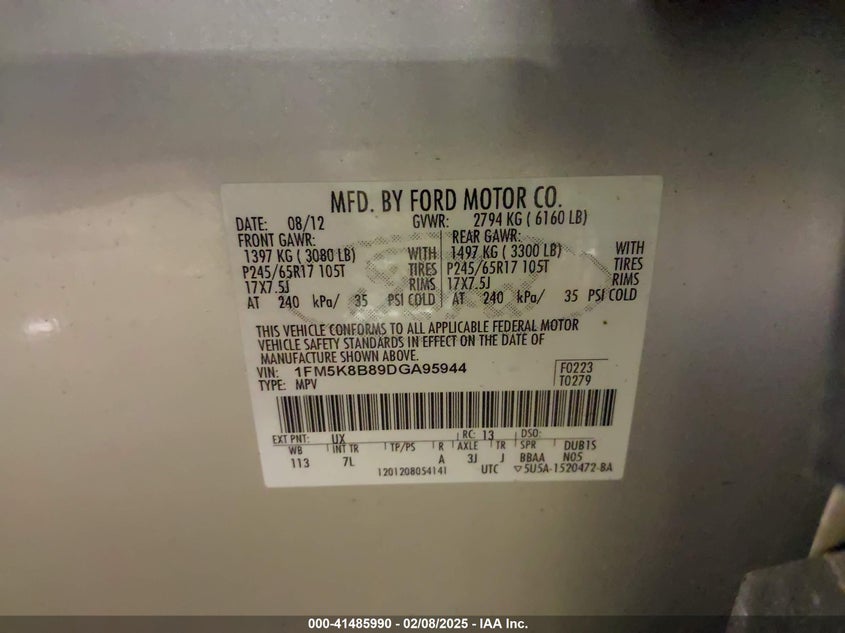 2013 Ford Explorer VIN: 1FM5K8B89DGA95944 Lot: 41485990