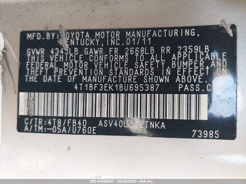 2011 Toyota Camry Le VIN: 4T1BF3EK1BU695387 Lot: 41486047