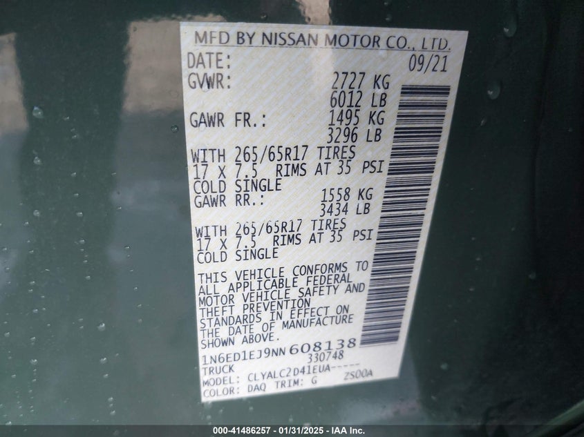 2022 NISSAN FRONTIER VIN: 1N6ED1EJ9NN608138