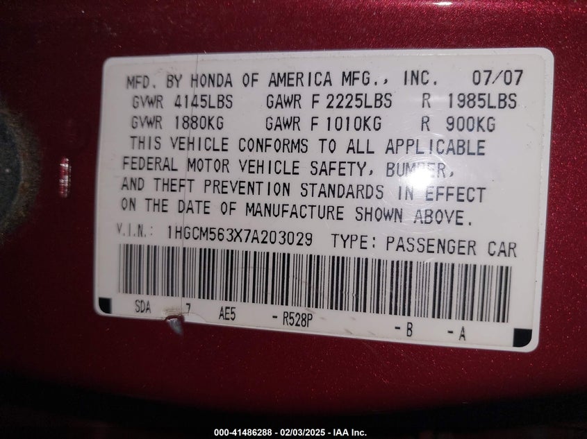 2007 HONDA ACCORD VIN: 1HGCM563X7A203029