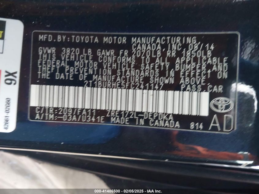 2015 Toyota Corolla L VIN: 2T1BURHE5FC241147 Lot: 41486500