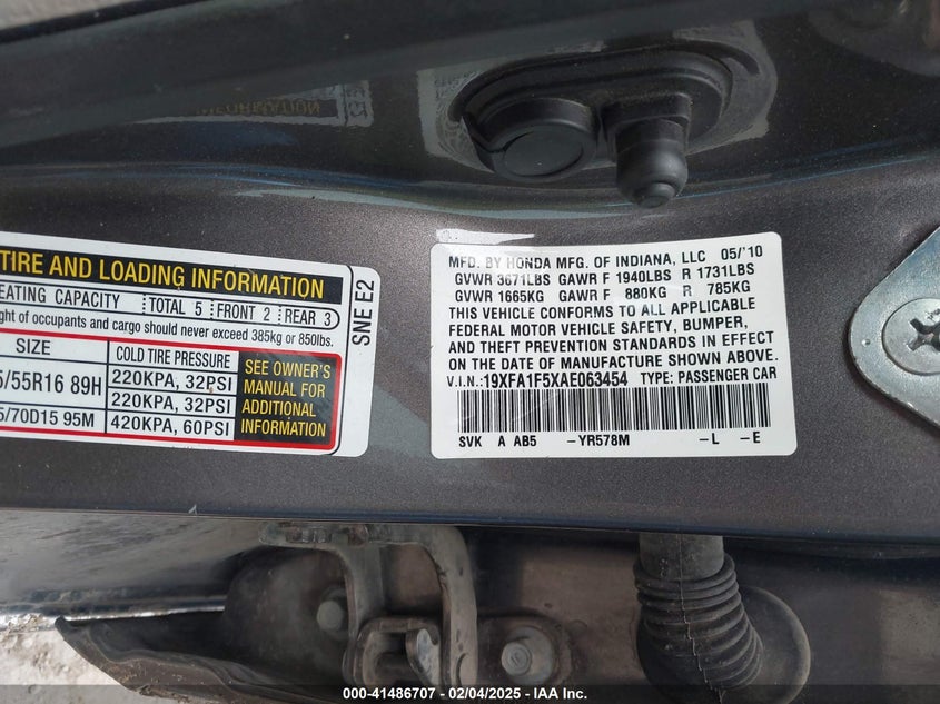 2010 HONDA CIVIC VIN: 19XFA1F5XAE063454