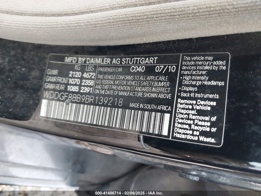 2011 MERCEDES-BENZ C 300 VIN: WDDGF8BB9BR139218