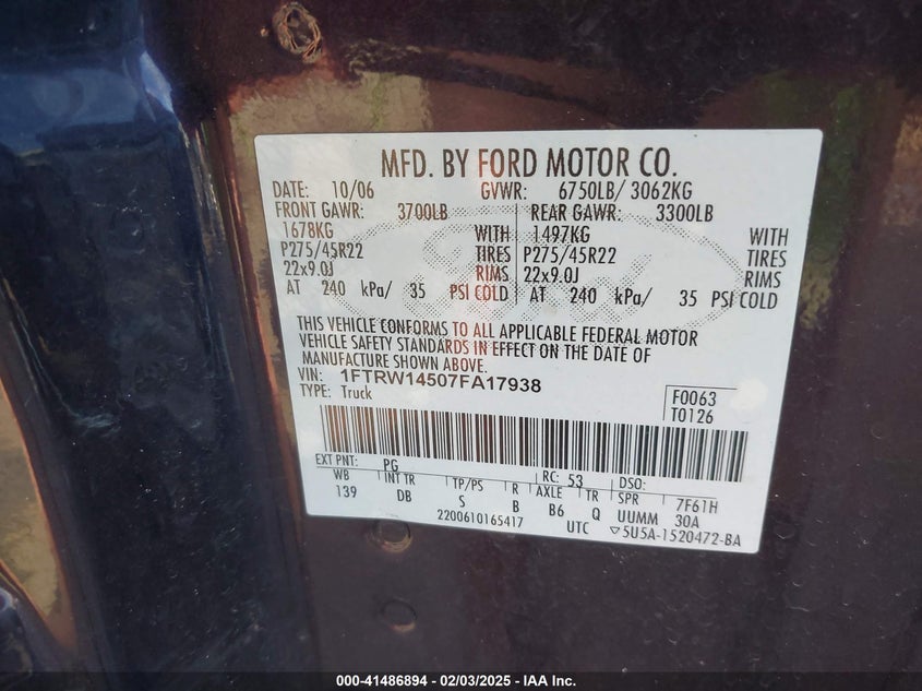2007 FORD F-150 VIN: 1FTRW14507FA17938