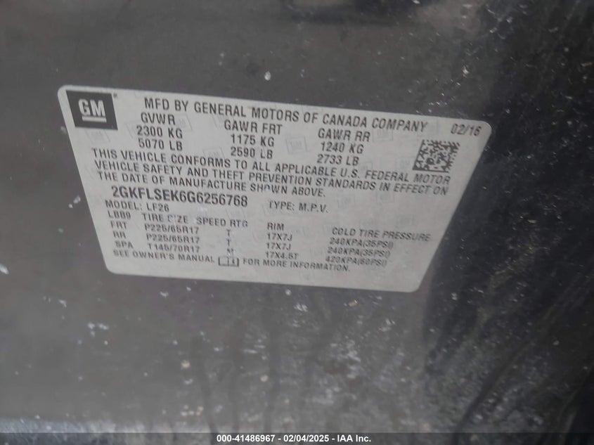 2016 GMC TERRAIN VIN: 2GKFLSEK6G6256768