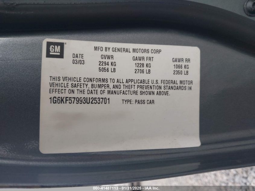 2003 Cadillac Deville Dts VIN: 1G6KF57993U253701 Lot: 41487113