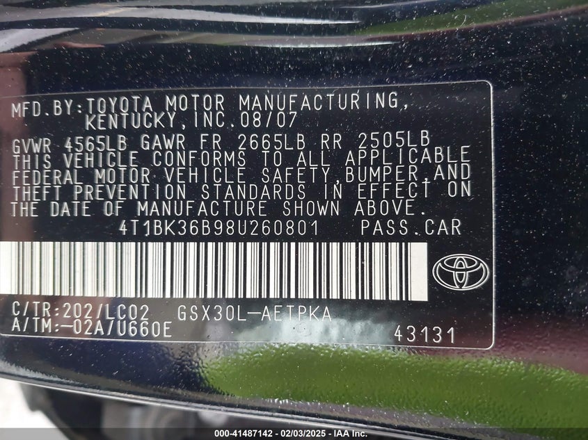 2008 TOYOTA AVALON VIN: 4T1BK36B98U260801