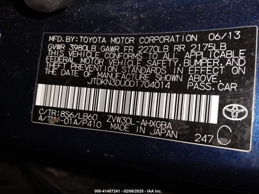 2013 TOYOTA PRIUS VIN: JTDKN3DU0D1704014