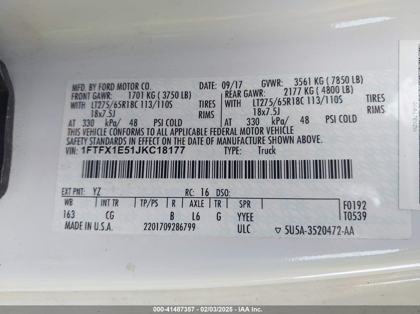 2018 FORD F-150 VIN: 1FTFX1E51JKC18177