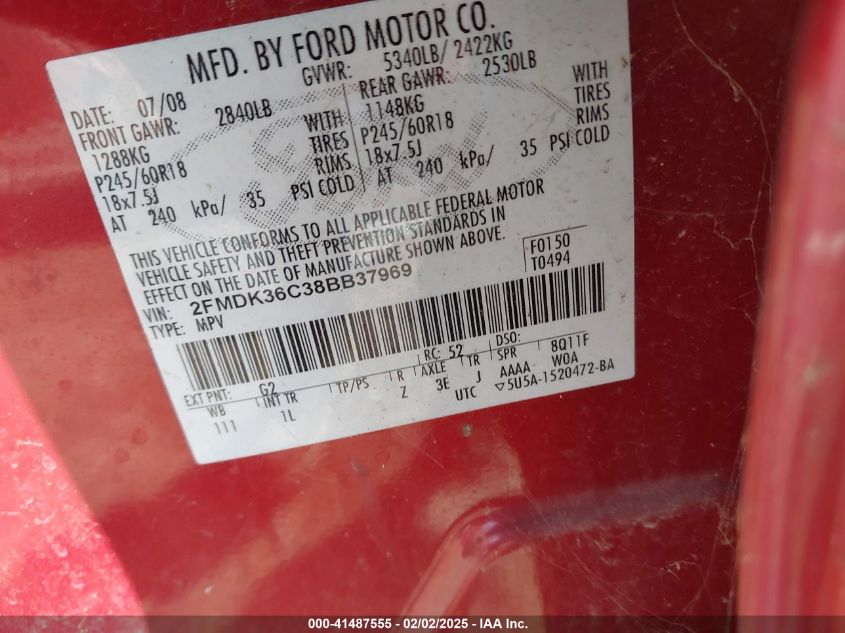 2008 Ford Edge VIN: 2FMBK36C388837969 Lot: 41487555