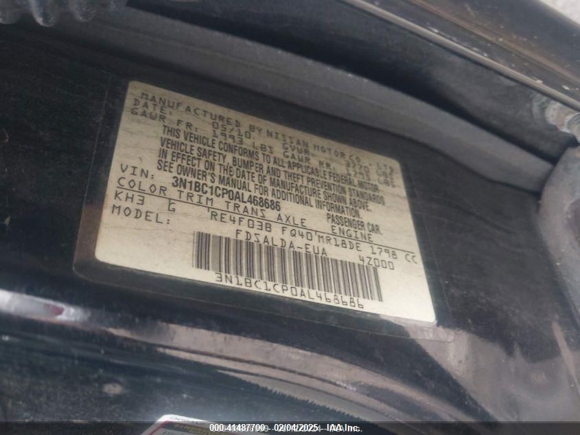 2010 Nissan Versa 1.8S VIN: 3N1BC1CP0AL468686 Lot: 41487700