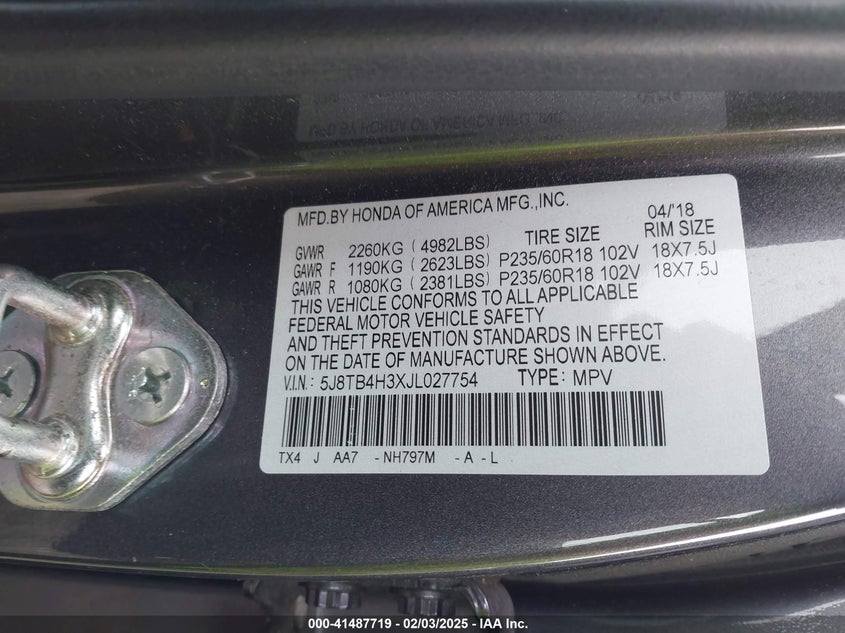 2018 Acura Rdx Acurawatch Plus Package VIN: 5J8TB4H3XJL027754 Lot: 41487719