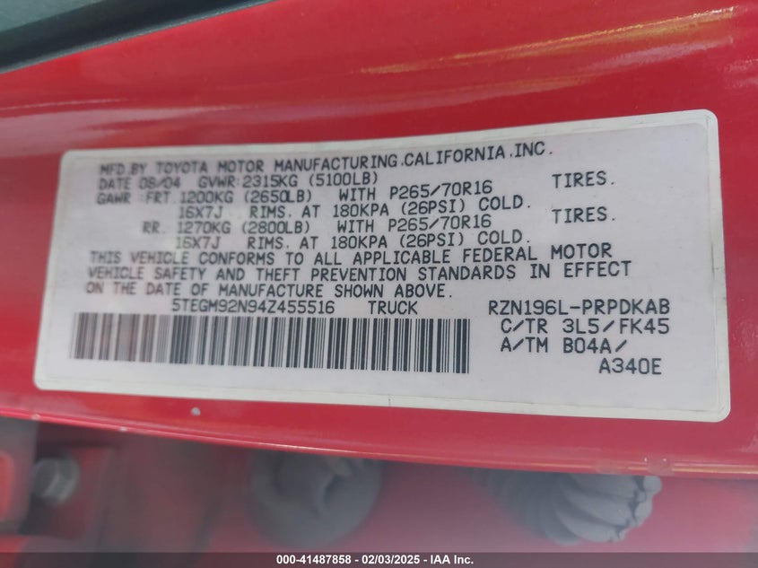 5TEGM92N94Z455516 2004 TOYOTA TACOMA photo no. 9