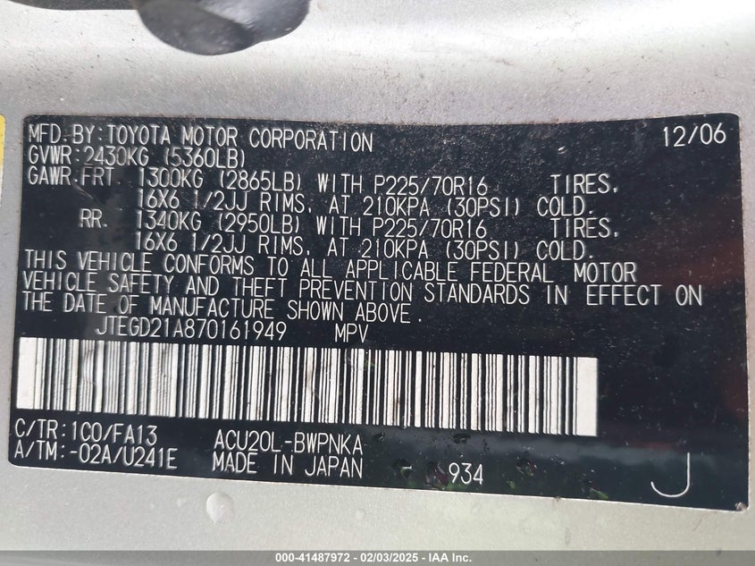 2007 TOYOTA HIGHLANDER VIN: JTEGD21A870161949