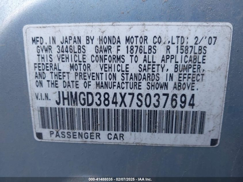 2007 Honda Fit VIN: JHMGD384X7S037694 Lot: 41488035