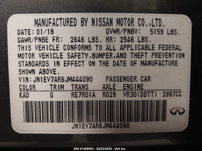 2018 INFINITI Q50 VIN: JN1EV7AR6JM444090