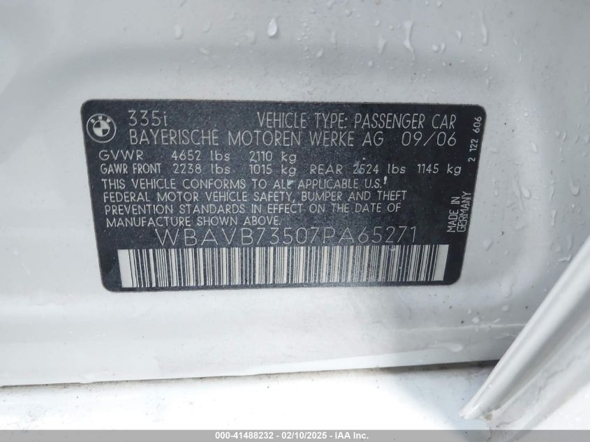 2007 BMW 335I VIN: WBAVB73507PA65271 Lot: 41488232