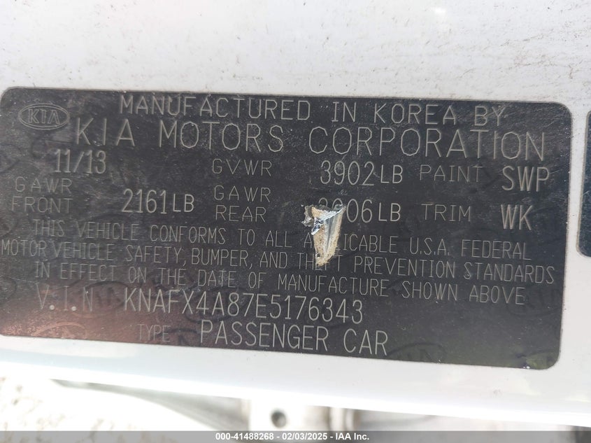 2014 KIA FORTE VIN: KNAFX4A87E5176343