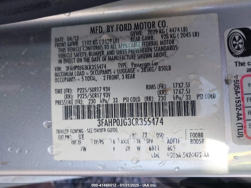 2012 FORD FUSION VIN: 3FAHP0JG3CR355474