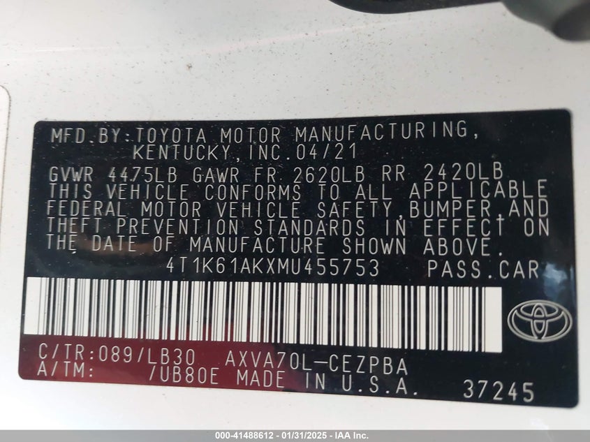2021 TOYOTA CAMRY VIN: 4T1K61AKXMU455753