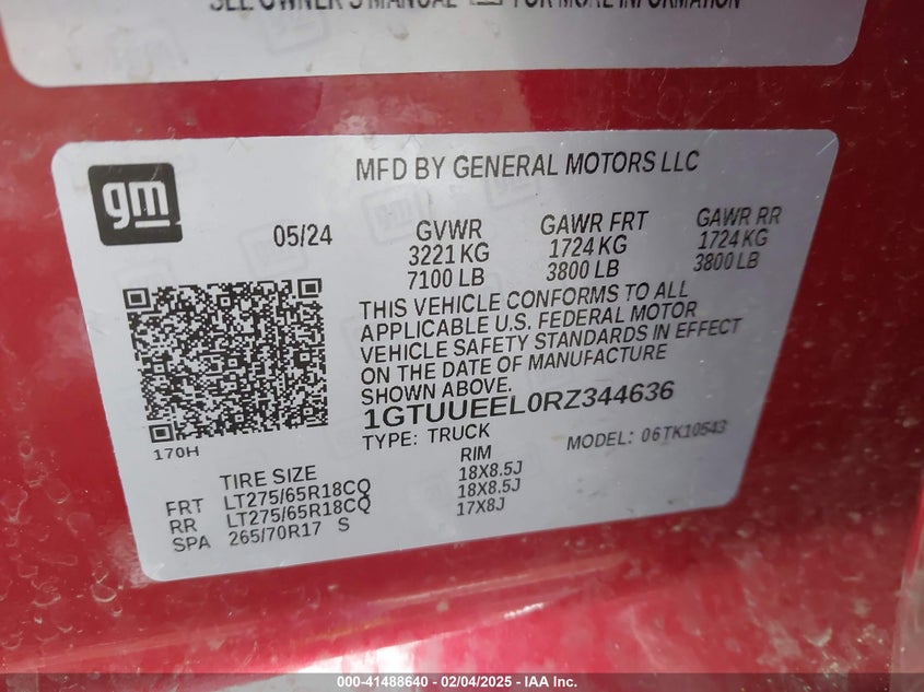 2024 GMC SIERRA 1500 VIN: 1GTUUEEL0RZ344636