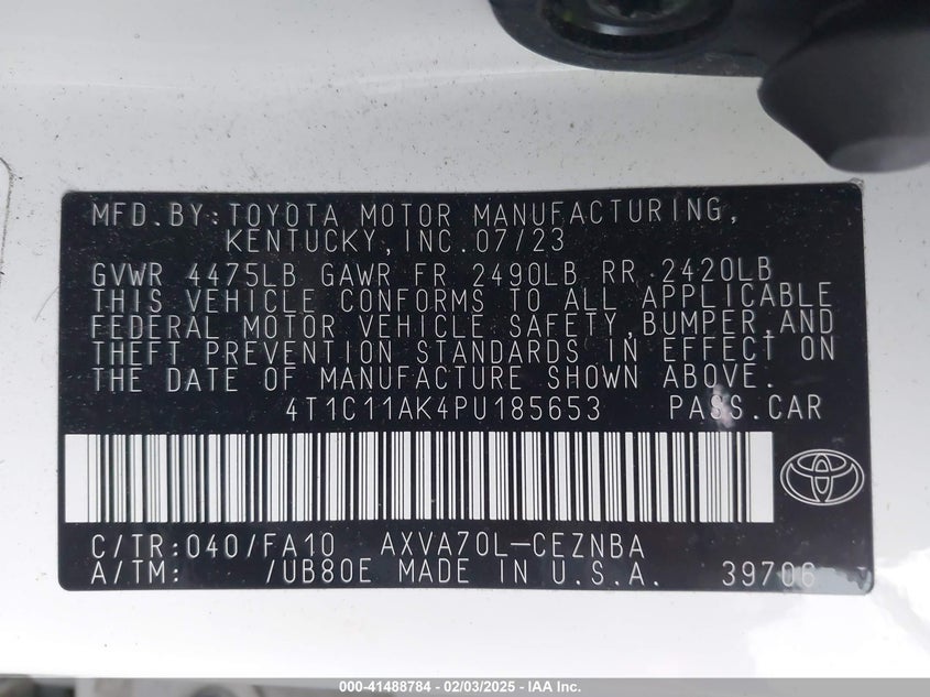 2023 TOYOTA CAMRY VIN: 4T1C11AK4PU185653