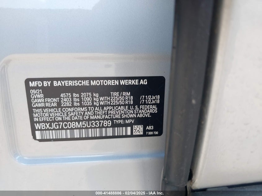 2021 BMW X1 SDRIVE28I VIN: WBXJG7C08M5U33789
