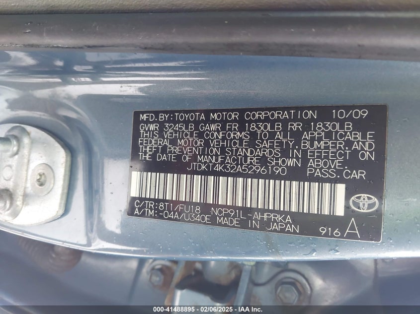 2009 TOYOTA YARIS VIN: JTDKT4K32A5296190
