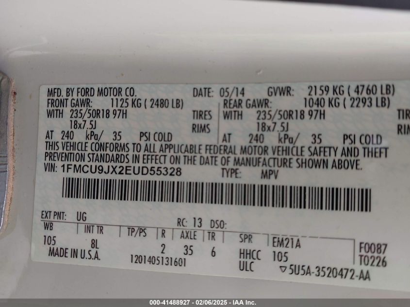 2014 Ford Escape Titanium VIN: 1FMCU9JX2EUD55328 Lot: 41488927