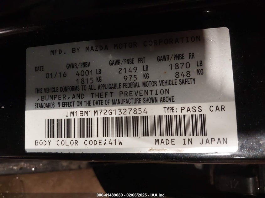 2016 MAZDA MAZDA3 VIN: JM1BM1M72G1327854