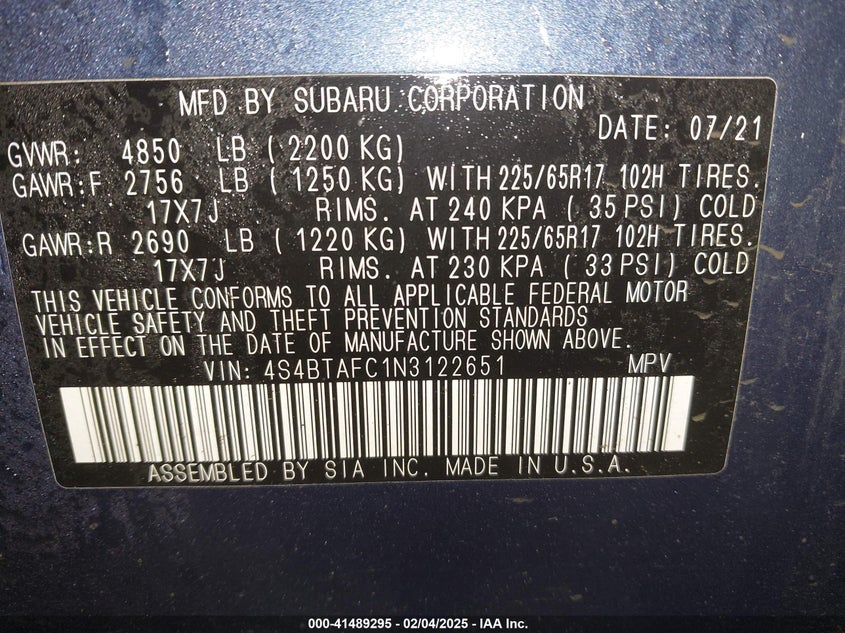 2022 Subaru Outback Premium VIN: 4S4BTAFC1N3122651 Lot: 41489295