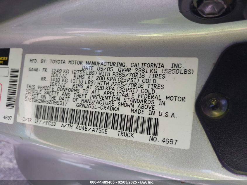 2005 Toyota Tacoma Prerunner Access Cab VIN: 5TETU62N65Z096317 Lot: 41489405