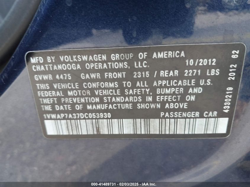 2013 Volkswagen Passat 2.5L S VIN: 1VWAP7A37DC053930 Lot: 41489731