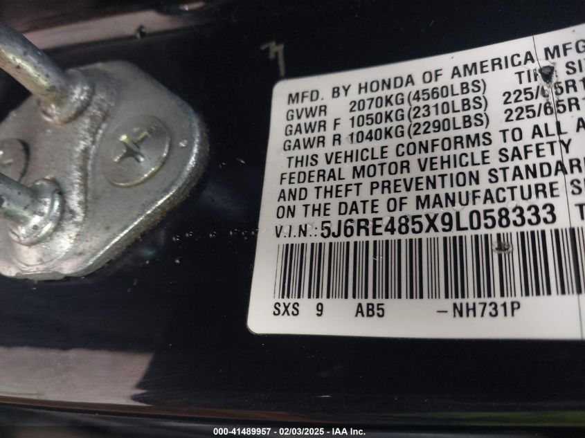 2009 Honda Cr-V Ex VIN: 5J6RE485X9L058333 Lot: 41489957