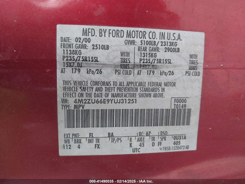 2000 Mercury Mountaineer VIN: 4M2ZU66E9YUJ31251 Lot: 41490035