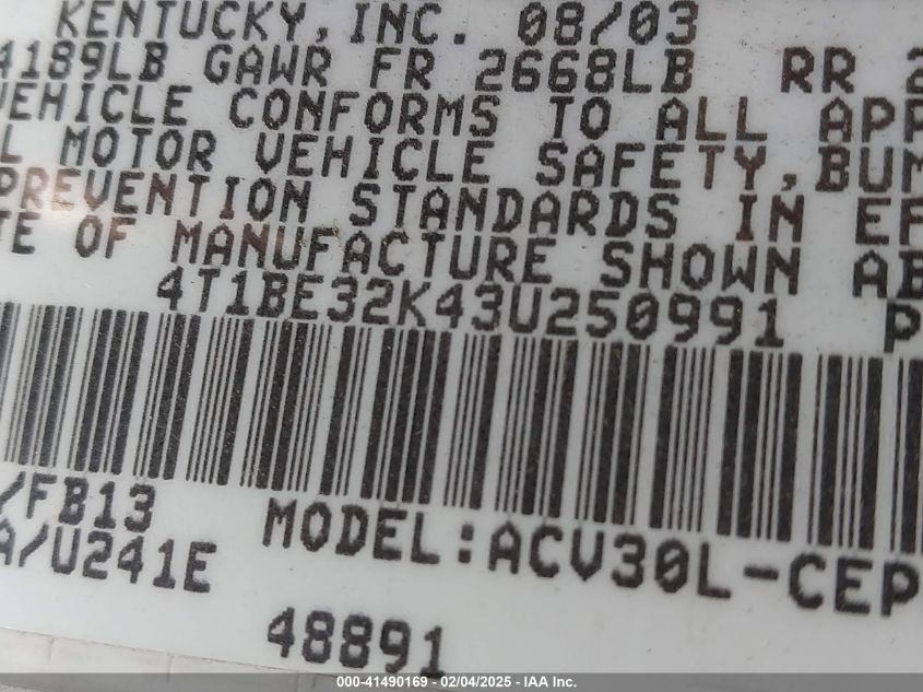 2003 Toyota Camry Le VIN: 4T1BE32K43U250991 Lot: 41490169