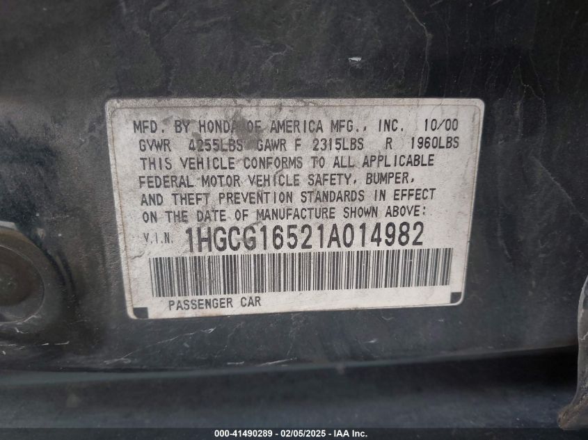 2001 Honda Accord 3.0 Ex VIN: 1HGCG16521A014982 Lot: 41490289