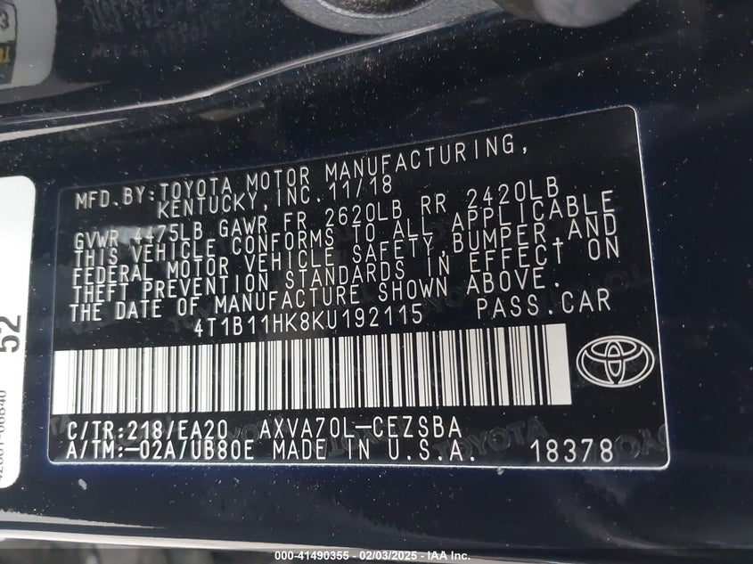 2019 TOYOTA CAMRY VIN: 4T1B11HK8KU192115
