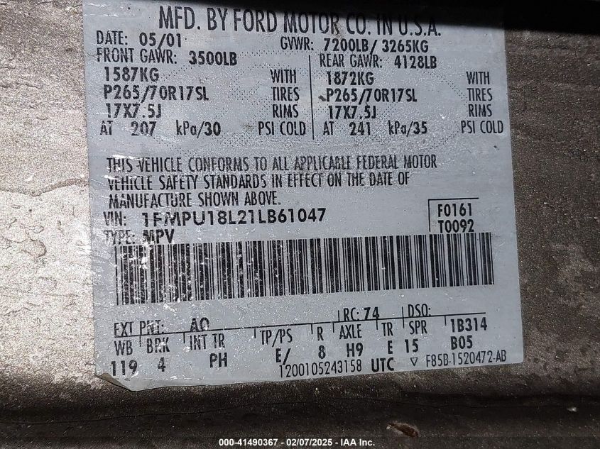 2001 Ford Expedition Eddie Bauer VIN: 1FMPU18L81LB71047 Lot: 41490367