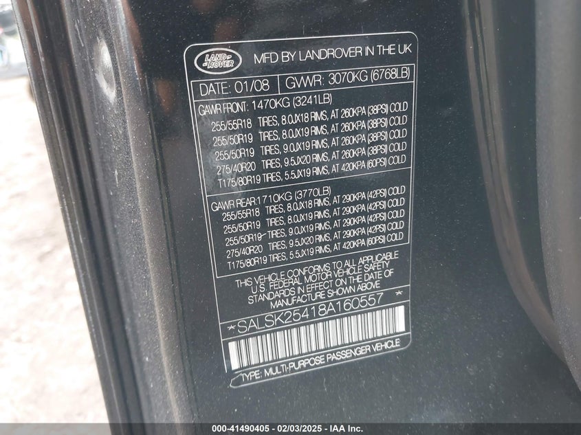 2008 Land Rover Range Rover Sport Hse VIN: SALSK25418A160557 Lot: 41490405