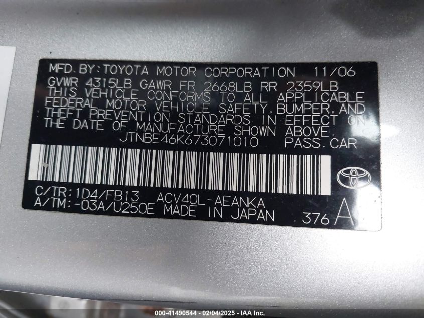 2007 Toyota Camry Le VIN: JTNBE46K673071010 Lot: 41490544