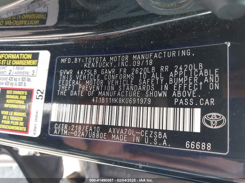 2019 TOYOTA CAMRY VIN: 4T1B11HK8KU691979