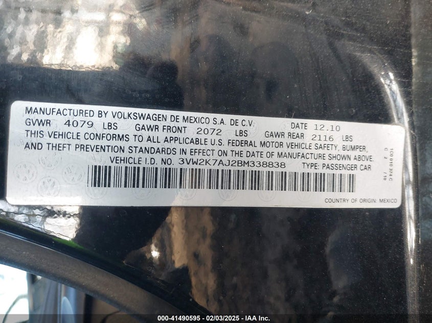 2011 VOLKSWAGEN JETTA VIN: 3VW2K7AJ2BM338838