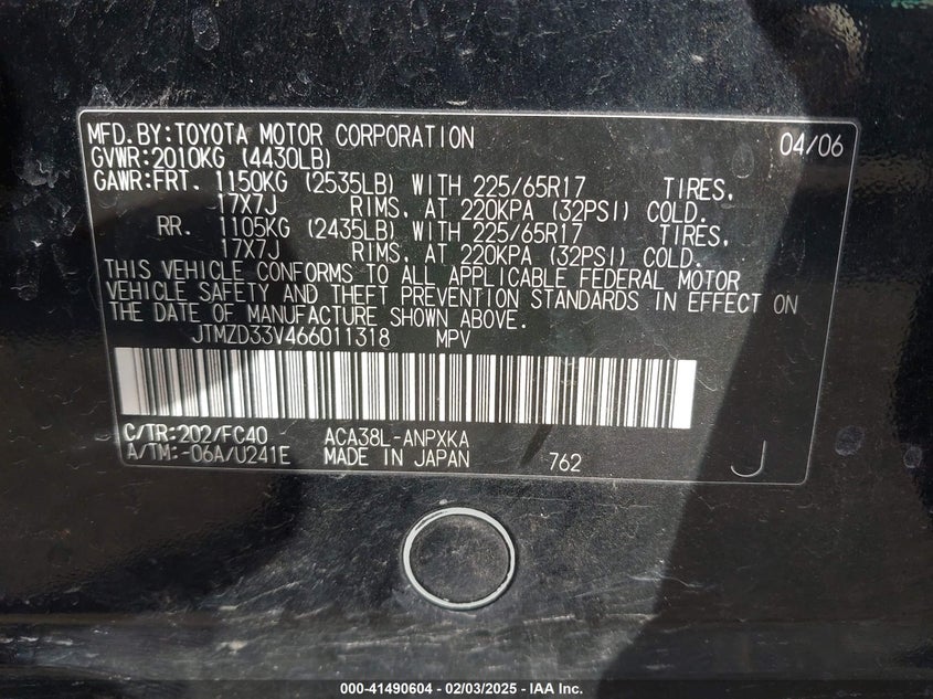 2006 TOYOTA RAV4 VIN: JTMZD33V466011318