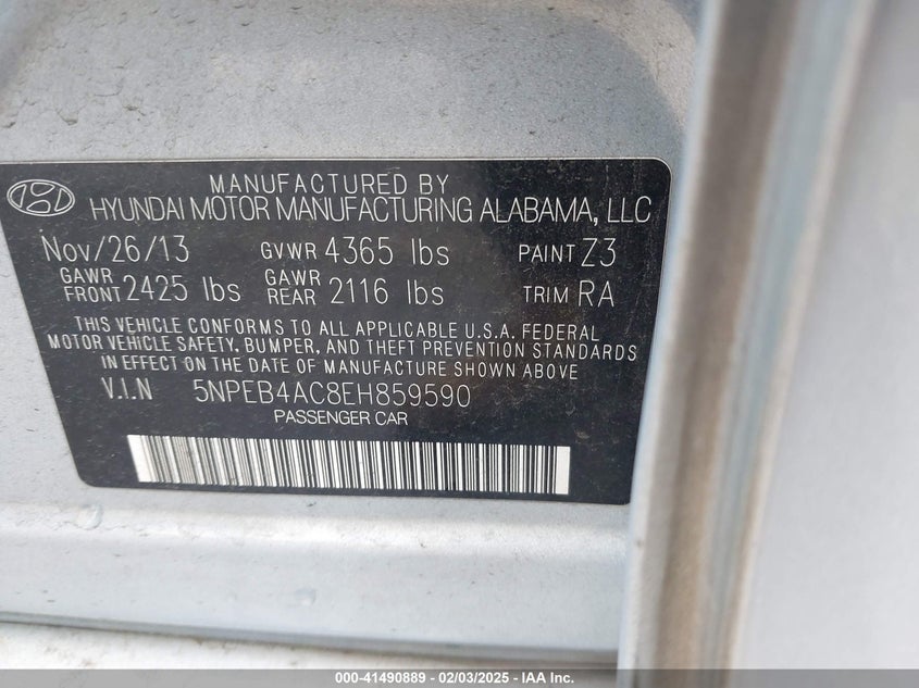 2014 HYUNDAI SONATA VIN: 5NPEB4AC8EH859590