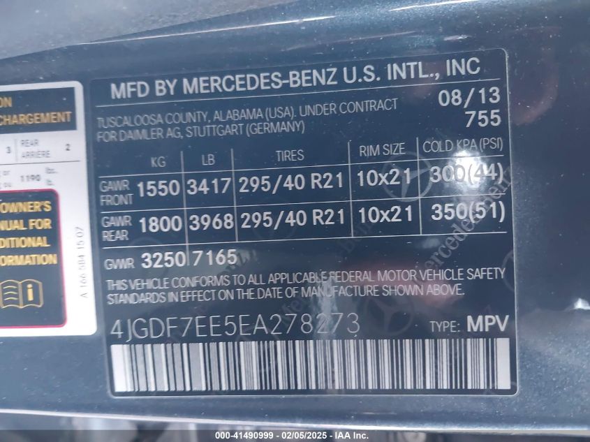 2014 Mercedes-Benz Gl 63 Amg 4Matic VIN: 4JGDF7EE5EA278273 Lot: 41490999