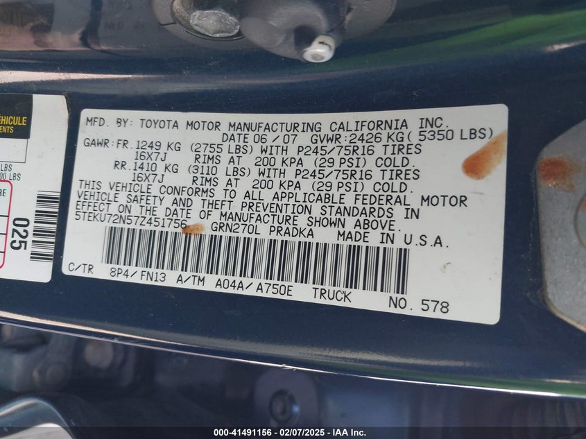 2007 TOYOTA TACOMA VIN: 5TEKU72N57Z451756